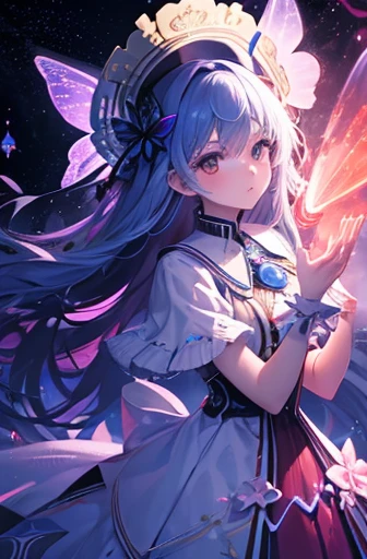 Absurd , High resolution, Super detailed, (One girl:1.3), break, Fantastic dresses, hat, break, Light Persona, Dark person, Mind control, fractal, whole body, Sealing, Artistic Background, Blue bioluminescence, Geometric, organic, bless, agreement, Sublime, Majestic, Noble, expand, solvable, anti-gravity, antimatter, guardian angel, holy, sacred, spiritual, Dignified, Red bioluminescence, flower, Holographic Wing, In the magic circle, Photon, butterfly, scale, Milky Way, Beark,