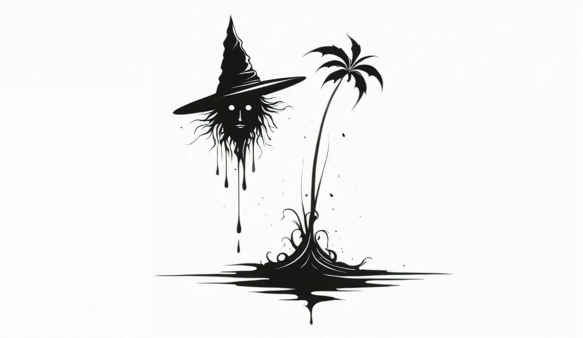 Create a simple and elegant plant witch logo,nature, shedding niobium tears. The design should convey a strong sense of sadness and melancholy, using a minimalist approach with clear ugly lines and using only deep matte black, nicola samori,ben templsmith,Irina Yermolova