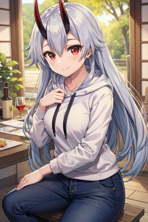 Masterpiece, best quality, tomoe gozen, torino style, 1person, red eyes, cute smile, hair between eyes, silver hair, long hair, oni horns, hoodie, pants, sit