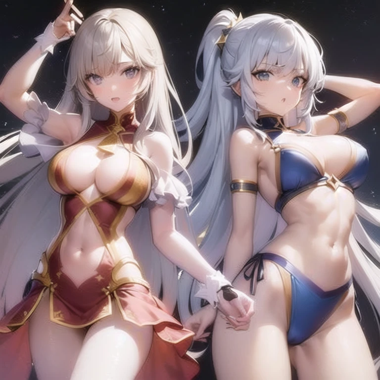 2 girls,Starry Sky,fighting,Bikini,magic,Sophisticated,Abdominal muscles,belly button,Tube Top,Long hair,Silver Needle