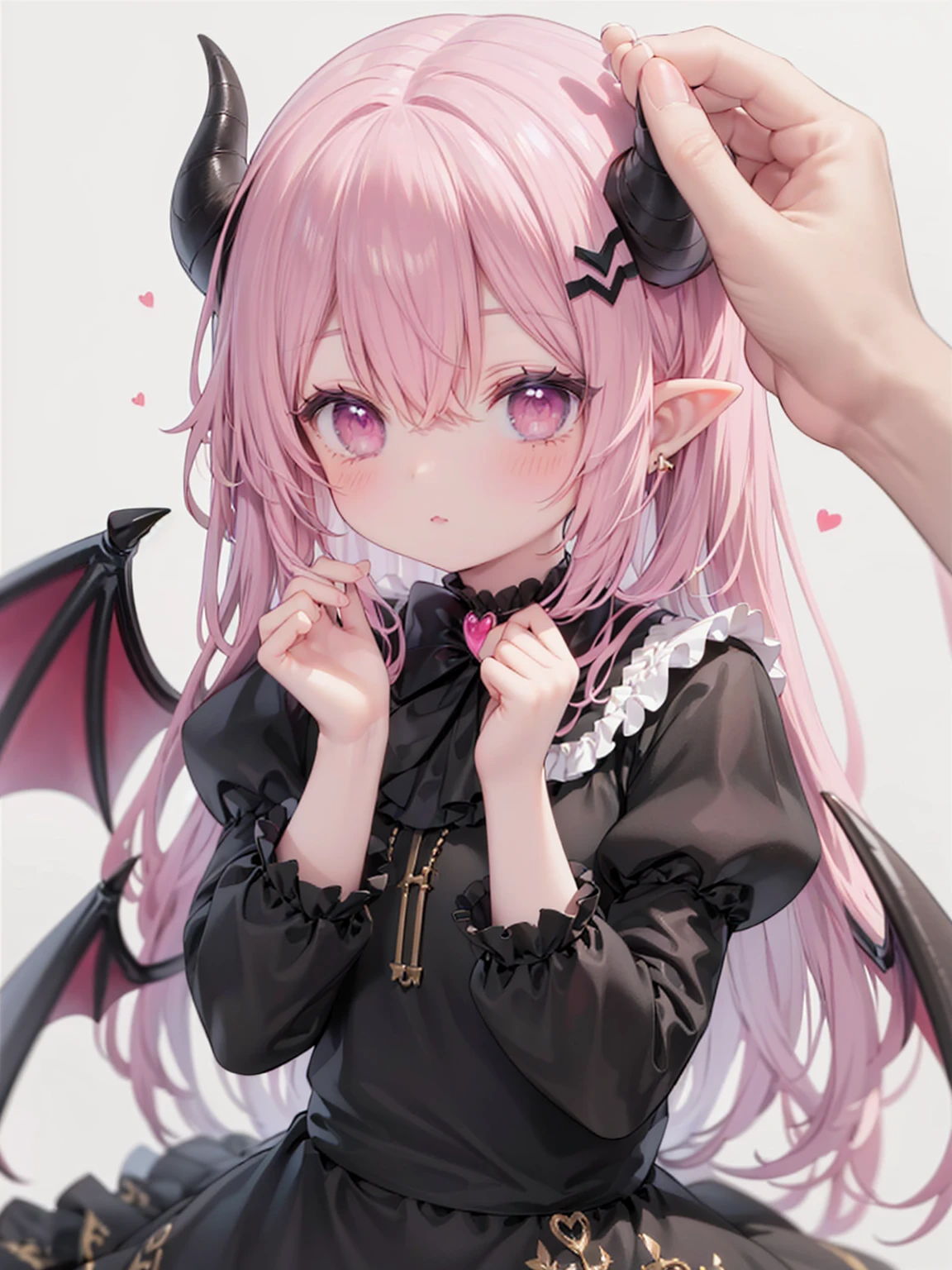 1girl,horns,wings,pink hair,pointy ears,long sleeves,white background,heart,solo focus,headpat,simple background,long hair,hair between eyes,bangs,demon wings,hair ornament,blush,closed mouth,demon girl,looking at viewer,demon horns,upper body,hands up,pink eyes,puffy sleeves,frills,dress,black dress,1other,bow,brooch,center frills,juliet sleeves,jewelry,black bow,