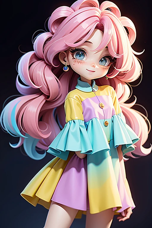anime, usando luvas brancas, cabelos longos e coloridos, fundo de dor de spray, vestido de pintura colorido, cabelo mesclado, levado , modern accessories , olhos delicados e detalhados, sorriso delicado e detalhados, opalescente, Perolescente, holographic, fundo escuro