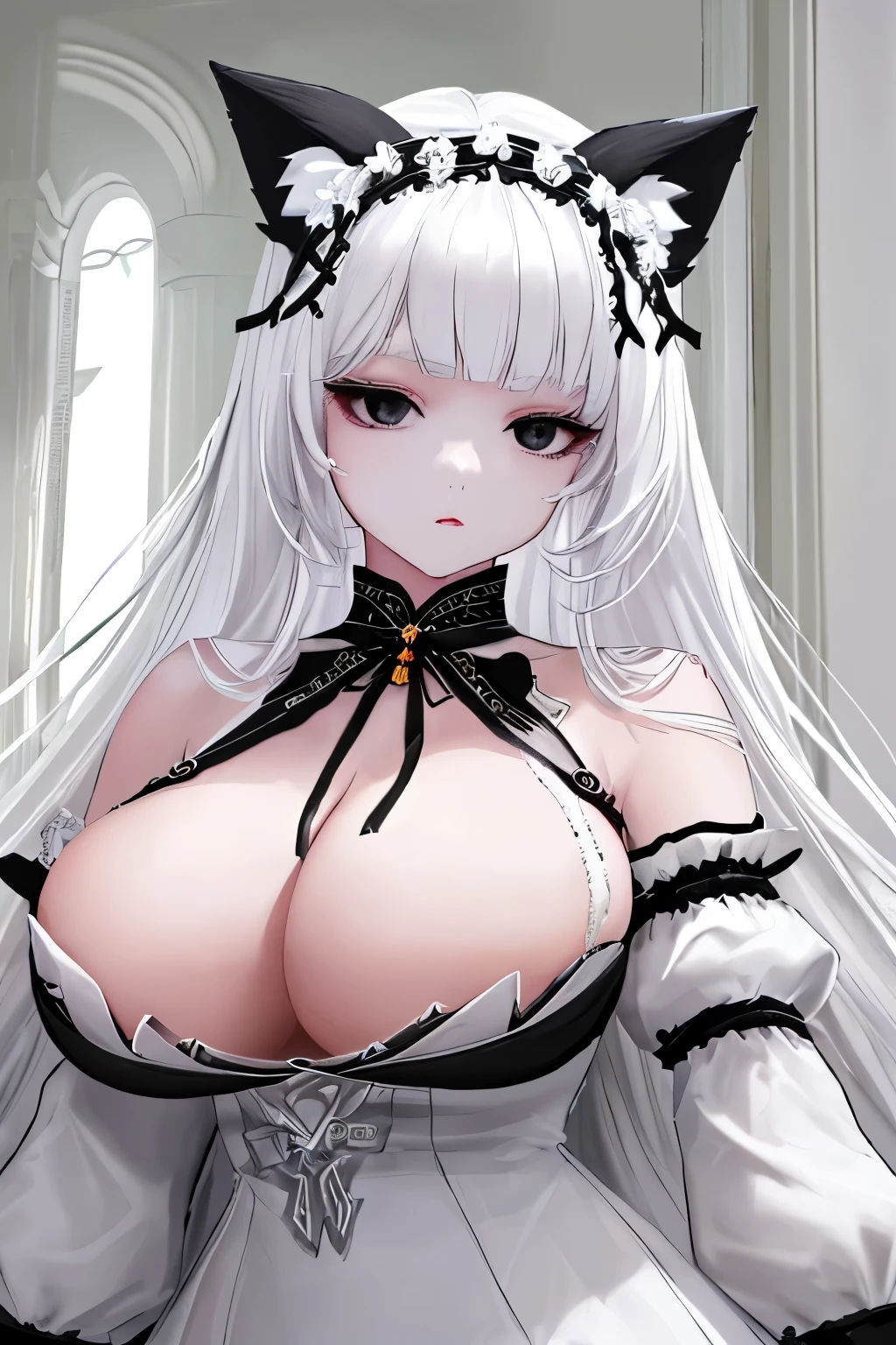  Goddess, God, Accessories, Black Cat Ears white dress White dress sleeves between the elbows Good looking Masterpiece big breasts Beautiful face open bust dress chest jewelry beautiful white hair black eyes black waist dress