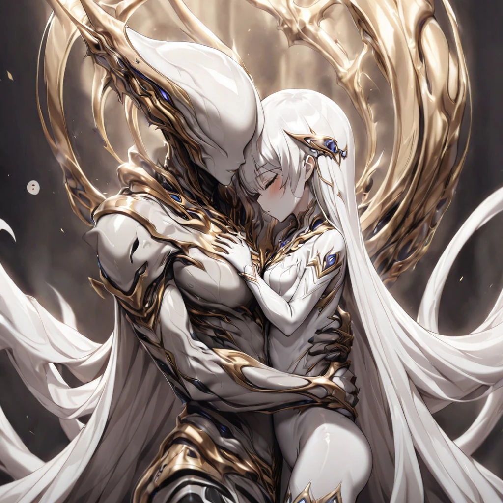 ((highest quality)), ((masterpiece)), (detailed), (Perfect Face)、(The woman is a beautiful and seductive pure white alien queen named Princess Leona, whose body transforms into an alien and turns into a pure white alien. She has long straight light brown hair, a slender body, but normal breasts, and is wearing an alien suit with alien decorations.)The woman is in the alien nest, embracing and kissing her adult alien son and accepting his caresses.、The son is a rugged adult alien who embraces and kisses his beloved mother, then pulls her close as she holds his .、The son, who is snuggling with the woman and his son and entrusting himself to her, treats the woman as his own woman and caresses her deeply.、The woman is holding an alien baby
