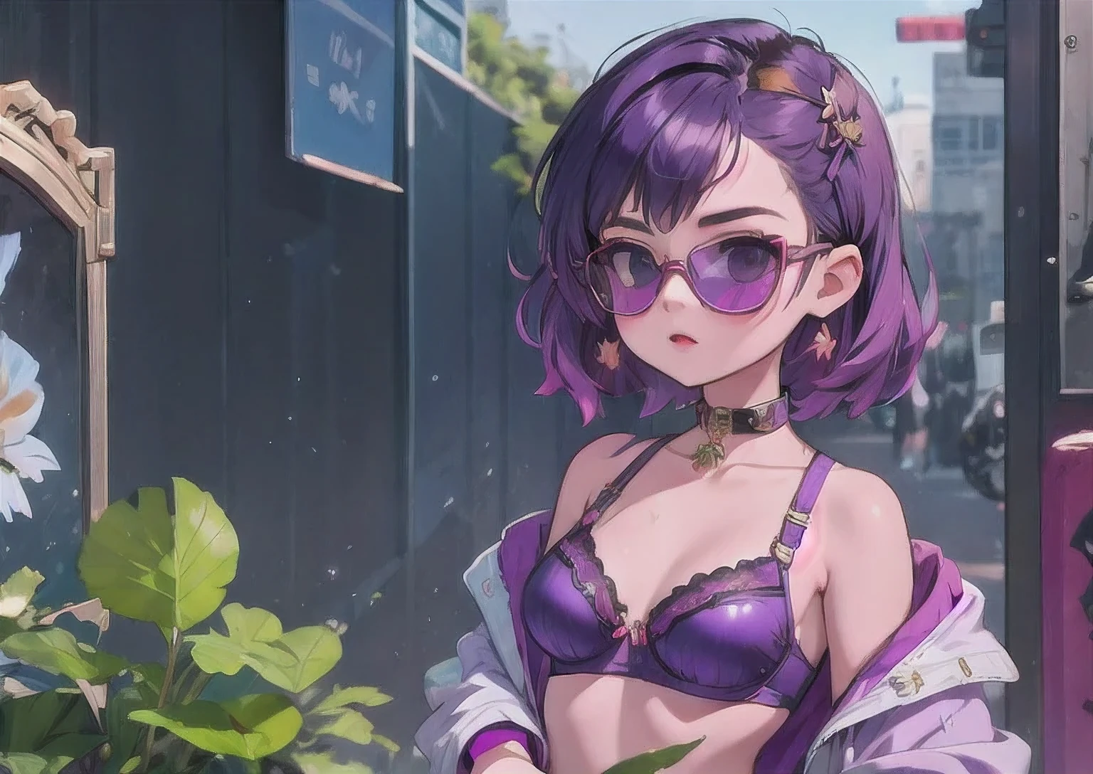 ((purple glasses))(( reflective bra)) imperial green jade sunglasses, wearing a purple outfit and purple sunglasses, ((1 girl))