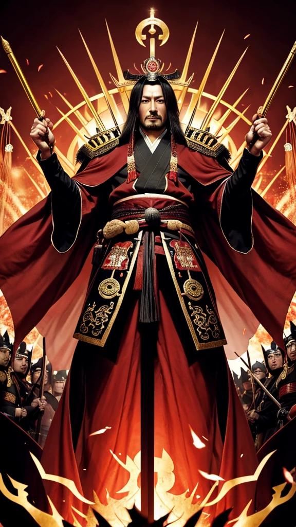 Oda Nobunaga depicted as the 'Demon King of the Sixth Heaven,' standing on a raised platform with a commanding presence, surrounded by loyal followers and symbols of power, exuding an aura of divinity and authority