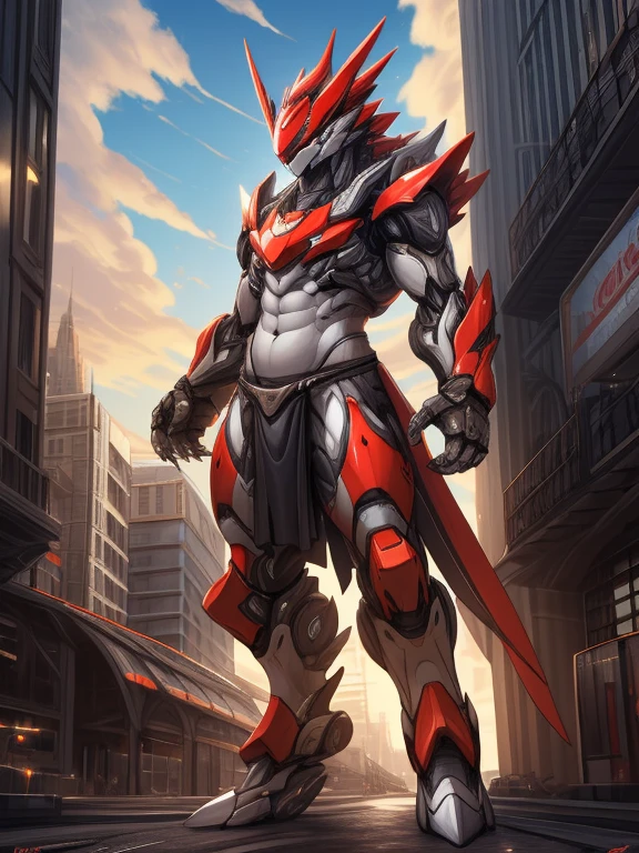 long shot, [Cinnabar|Mecha], Mecha,兽人Mecha, No humans,Warframe, Warrior armor, Sharp claws,posture,Correct human proportions，Black loincloth，Upright and delicate eyes, Glowing eyes,
Detailed background, City, Cloud sky, Practical, masterpiece, Super detailed, Extremely detailed,24K, CG,