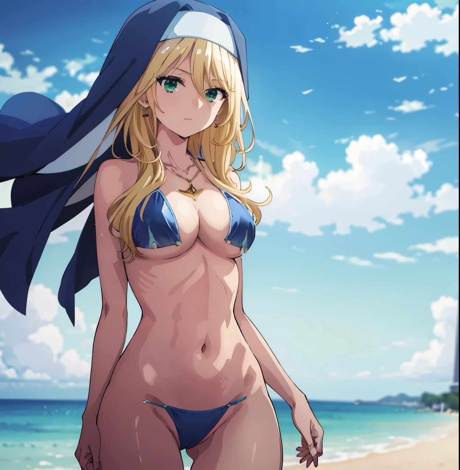 1 girl, alone, sharon Holygrail, blonde hair, long hair, green eyes, (blue bikini:1.4), cleavage, (partially nude:1.4), blue bra, blue thong, cross necklace, choker, earrings, big breasts, mid waist, wide hips, medium thighs, round butt, looking at viewer, looking front, focus on breasts, point of view from above, standing, outdoor, beach, sea, sunny, clouds, sexy body, sexy posture, holding the right breast, perfect anatomy, perfect hands,