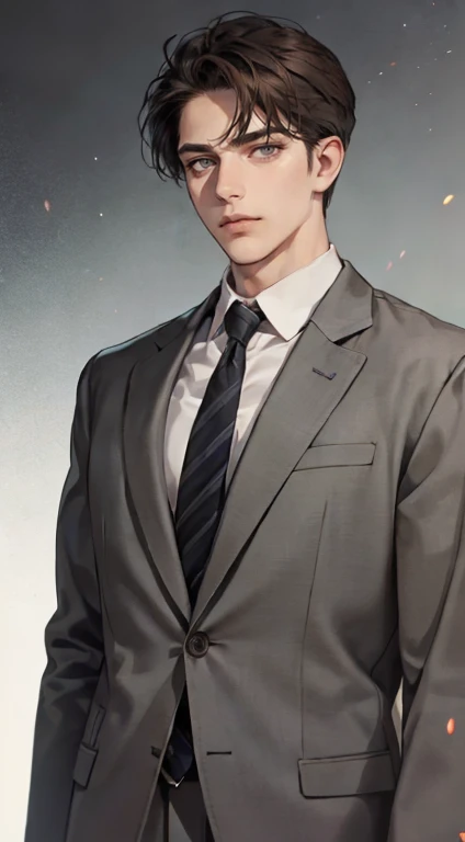 masutepiece, Best Quality, Realistic, 1man, matured male, Quiet and charming young man, 35 years old, closing eye, Serious look, extra detailed face, ((dark grey eyes)), ((Short right sweep dark brown hair)), [Thick eyebrows], detective, Plain background, ((Suit)), Cinematic lighting, gaze at the audience, Postural dynamics