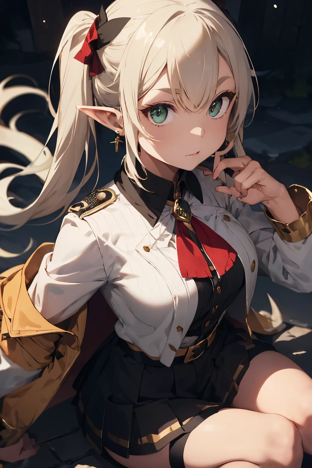 Frieren is a , female elf with green eyes, thick eyebrows, and long, white hair parted in the middle and tied into two high pigtails. Like all elves, she has large, pointed ears. She wears a striped black and white shirt, along with a white jacket tucked into a skirt with a black belt. The sleeves of her jacket end with large, gold cuffs. Both her jacket and skirt have gold trims along the edges. Over her jacket, she wears a short cape that matches the white and gold theme of her jacket and skirt, and the cape includes decorative, gold accents with red jewels on each shoulder and a high collar that is fastened with a red jewel. She also wears black tights, brown boots, and a pair of gold earrings with red, teardrop-shaped jewels hanging from each earring.