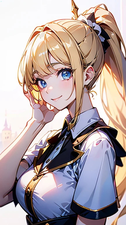 High quality, Best quality , masterpiece, Portrait、、Bright expression、ponytail、Young, shiny, white, glossy skin、Gloss Face、Shining Cheek Gloss、Small Face Beauty、The best beauty、The dazzling light of blonde hair、Bright blonde hair with dazzling highlights、Very beautiful shiny light blonde hair、super long silky straight hair、Her shiny, beautiful bangs are covering her eyes.、Sparkling, clear, attractive, bright, large, pale blue eyes、Very big eyes、eyeliner、very beautiful lovely cute  girl、young girl, Ample Bust, upper body , (smile:1.2) , (((magician costume , ponytail )))),in castle ,huge breast , smile , arms up