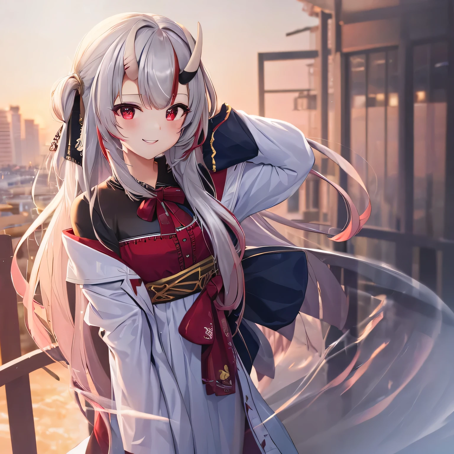 (masterpiece:1.3), (absurdres:1.3), (best quality:1.3), (ultra-detailed:1.3),(best shadow:0.7), (handled hair), perfect anatomy, 1girl, solo, medium breasts, virtual youtuber, nakiri ayame, silver hair, hair between eyes, red eyes, long hair, streaked hair, singing, looking at viewer, concert stadium, ((night gown clothes)), concert, outdoors, night, extremely detailed 8K, smooth, high resolution, ultra quality, cinematic lighting, ambient occlusion, hd, 4k, perfect composition, atmospheric lighting, gradient hair, gradient eyes, smiling, facing viewer, look at viewer, close-up,