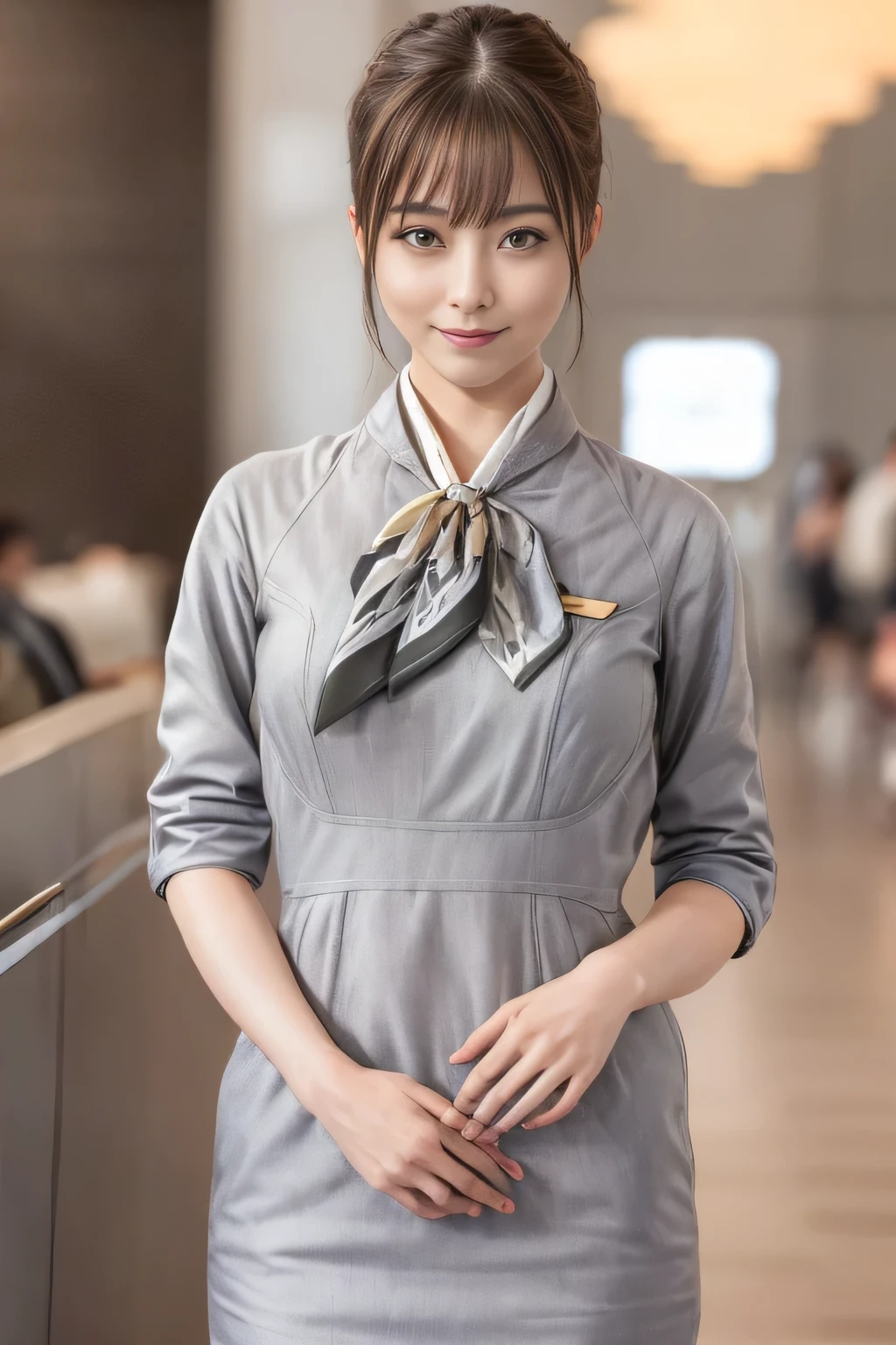 (masterpiece:1.2、highest quality:1.2)、32K HDR、High resolution、(alone、1 girl、Slim figure)、（Realistic style with Starlux Airlines uniform）、 (In the airport lounge, Professional Lighting)、Airport Lounge Background、A proper woman, Beautiful Face,、（Starlux Airlines silver uniform:1.4）、（Starlux Airlines silver uniform with short sleeves）、（scarf on chest）、Big Breasts、（Long Hair Up、Hair Bun）、Dark brown hair、Long Shot、（（Great hands：2.0））、（（Harmonious body proportions：1.5））、（（Normal limbs：2.0））、（（Normal finger：2.0））、（（Delicate eyes：2.0））、（（Normal eyes：2.0））)、Beautiful standing posture、smile,Place your hands around your stomach