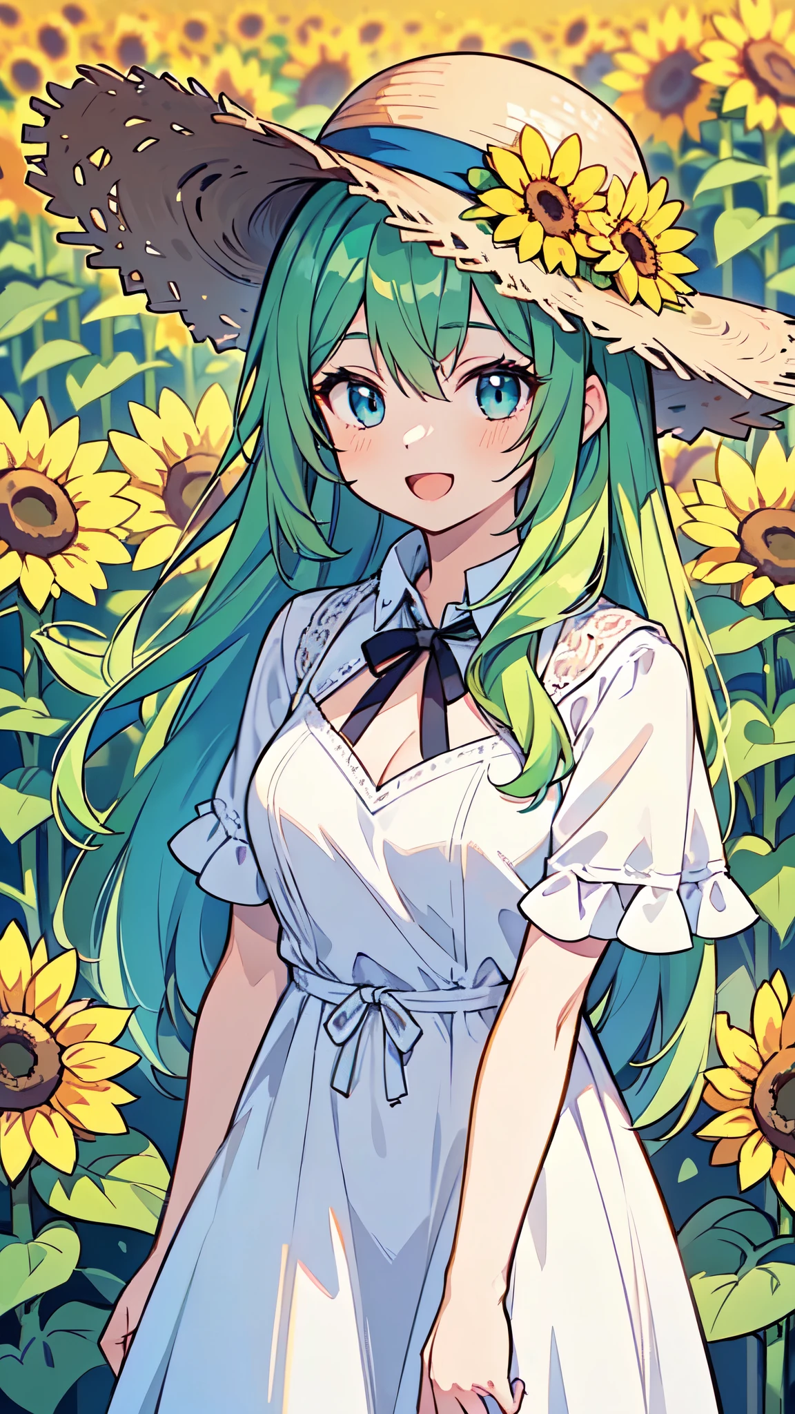 ((A Pretty girl with green hair and blue eyes)), ((wearing white dress and a Straw hat)), , ((top-quality, master piece, ultra-definition, high resolution)), anime girl, ((ultra-detailed illust:1.2)), only one person, bangs, hair between eye, beautiful hair, Shiny eyes, Medium breasts, Big smile, opened mouth, in the sunflower field
