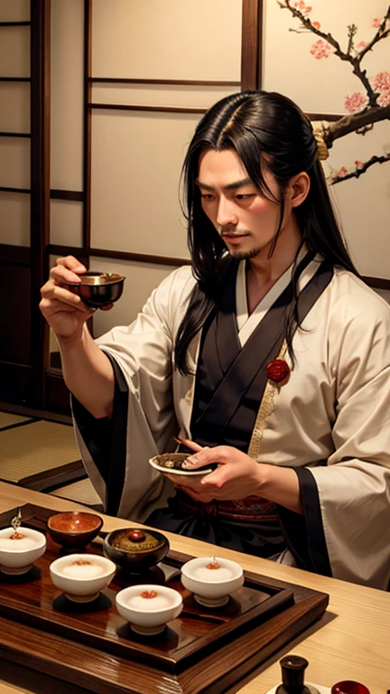 Oda Nobunaga conducting a tea ceremony in an elegant Japanese tea room, meticulously arranging tea utensils and serving guests, emphasizing his passion for the art of tea
