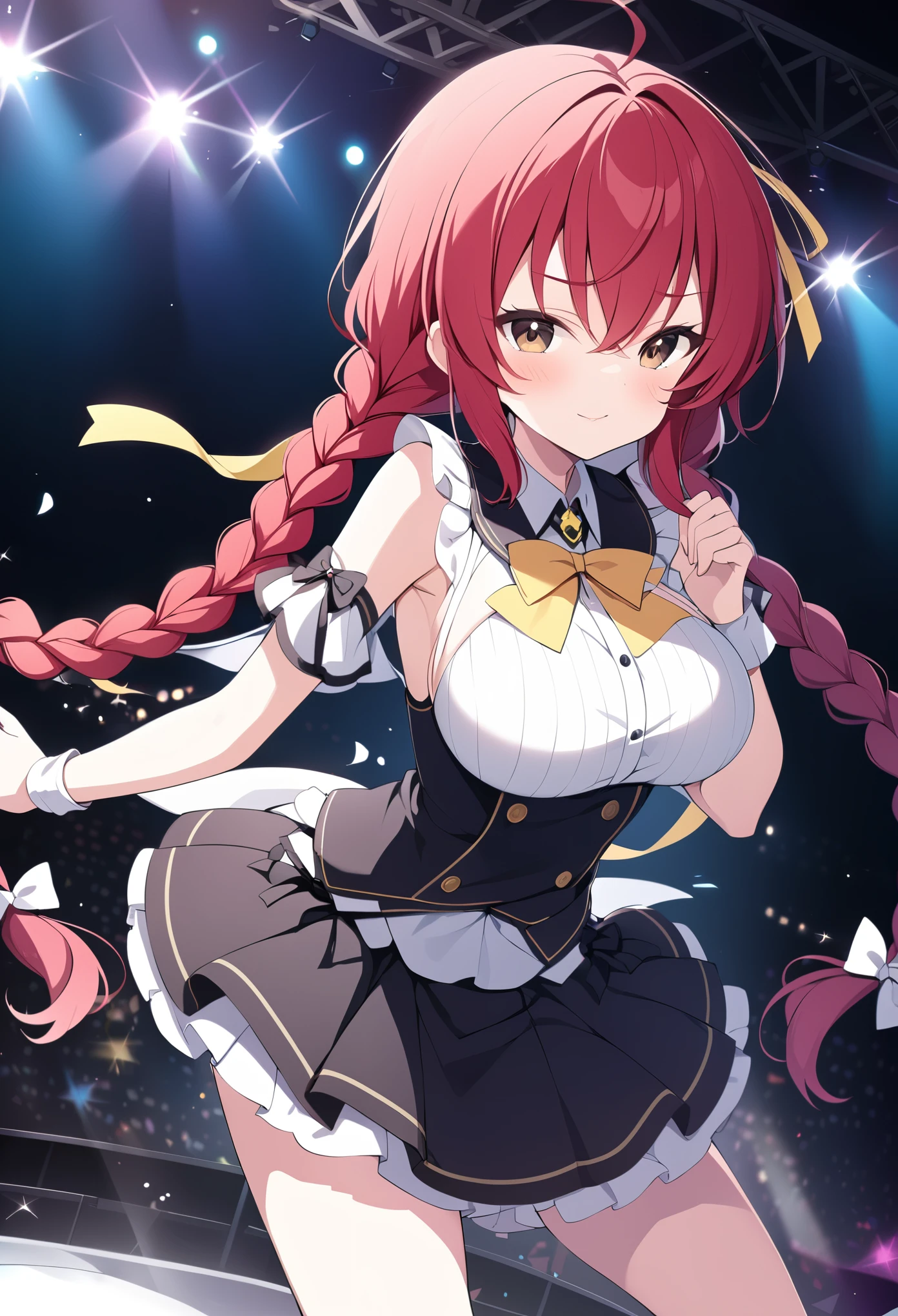 YATSUKAYUKIE, RED HAIR, TWIN BRAIDS, YELLOW RIBBON, HAIR RIBBON, HAIR BETWEEN EYES, VERY LONG HAIR, BROWN EYES,, large breasts,, Live Stage, solo