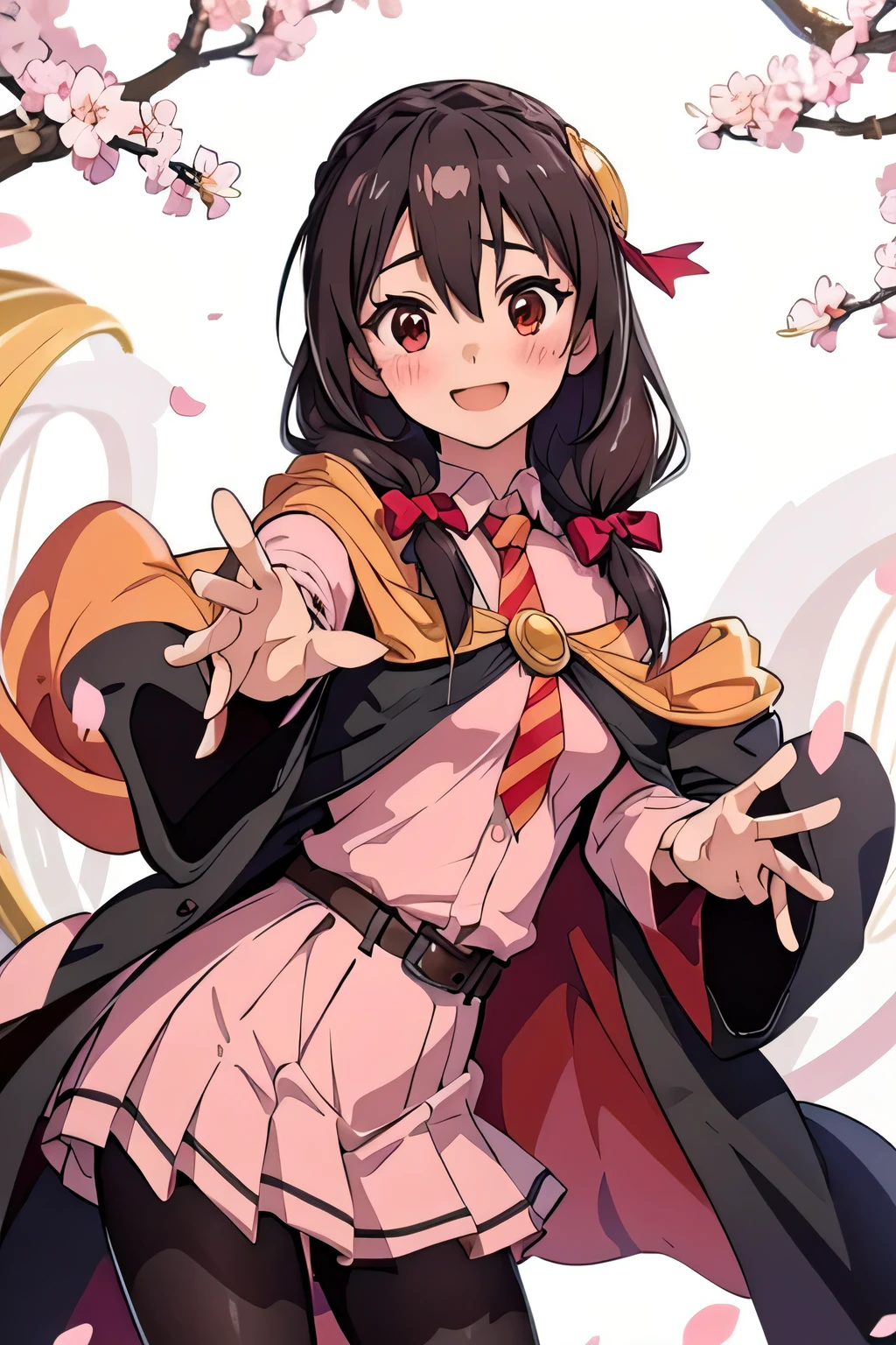 (masterpiece, highest quality), One girl, Whirling,Long Hair,Braiding,Twin tails,Hair between the eyes,Hair Ribbon,hair ornaments,Big Breasts,(Cape:1.2),tie,shirt,pink shirt,Long sleeve,belt,Pink Skirt,pantyhose,loafers,Brown footwear、Blushing and smiling、Background is cherry blossoms,One hand outstretched