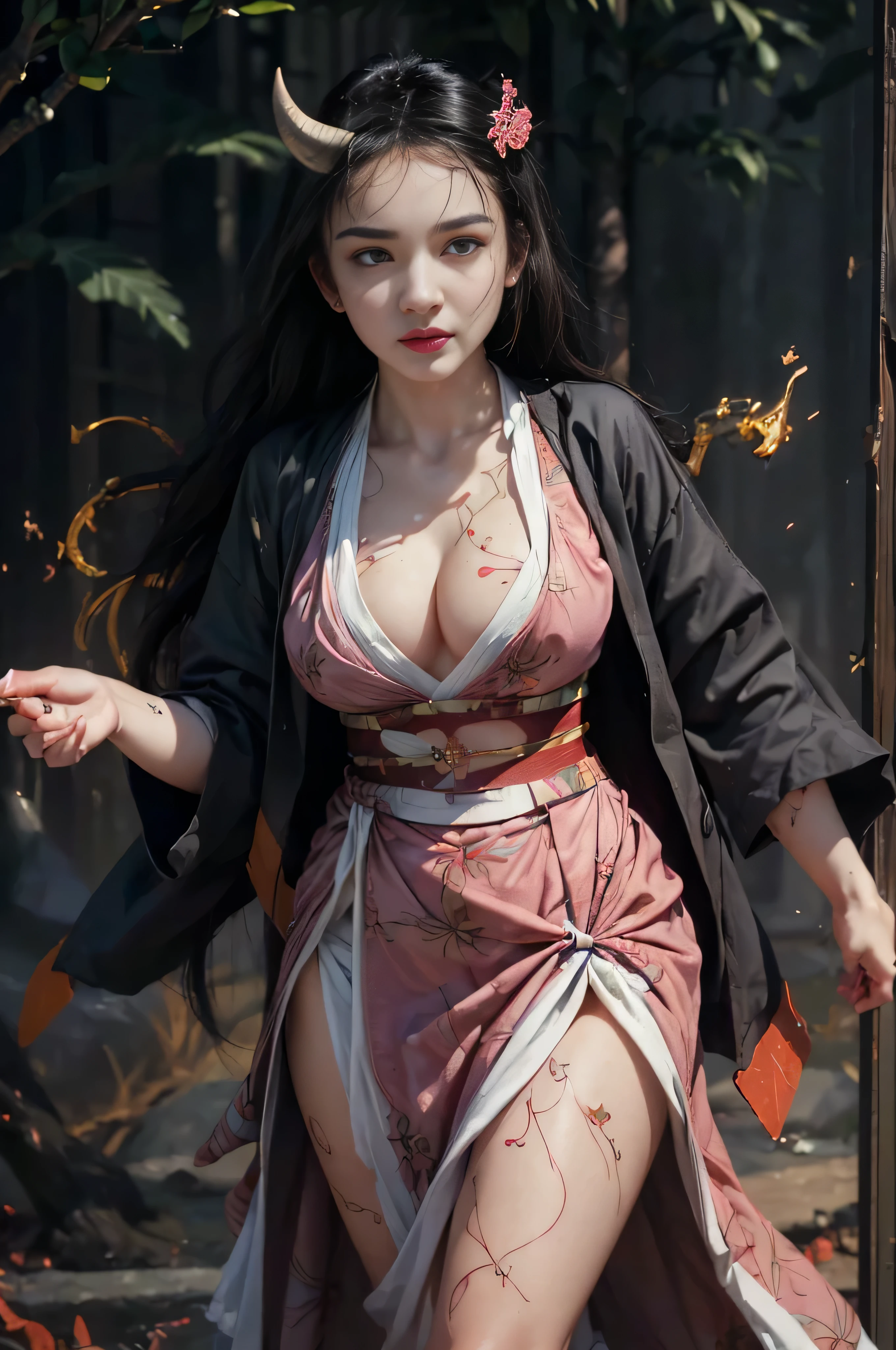 (RAW photo:1.2), ((photorealistic:1.4),(masterpiece:1.3),(best quality:1.4),ultra high res,(detailed facial features),(detailed body features),HDR,8k resolution, 1 girl, blush, black hair, 8k, ultra high details, perfect nose, cinematic lighting, perfect body, tattoos on body, horn