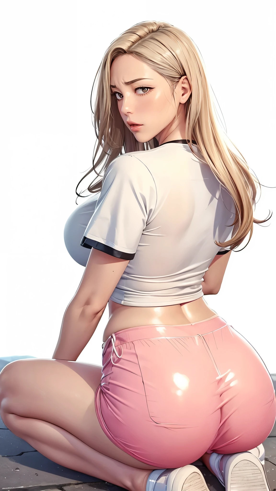 （（（完美figure，figure，solo， White and tender skin，（（（Cyberpunk，short sleeves,  dolphin shorts, t-shirt, pink shorts, white shirt, , ））），（（（MiaChadef, long hair, blonde hair, brown eyes,，））），((masterpiece)),high resolution, ((Best quality at best))，masterpiece，quality，Best quality，（（（ Exquisite facial features，Looking at the audience,There is light in the eyes，(（（lol，Happy，））），））），（（（Light and shadow，Huge breasts））），（（（Looking at the camera，White background，Lying on the ground，Looking back at the camera，From the back，plump ass)）））