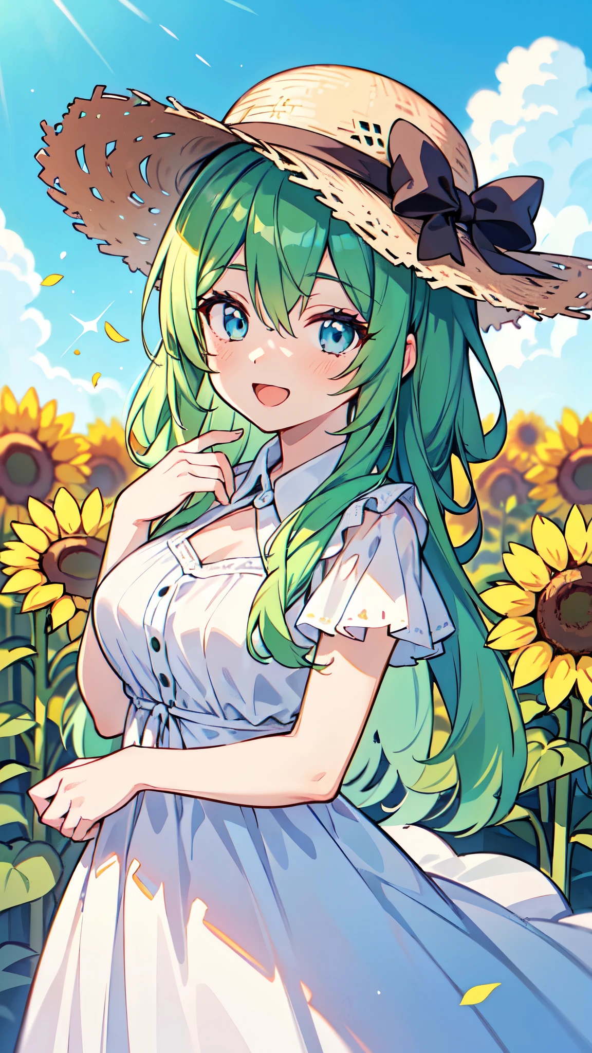 ((A Pretty girl with green hair and blue eyes)), ((wearing white dress)), Baby face, ((top-quality, master piece, ultra-definition, high resolution)), anime girl, ((ultra-detailed illust:1.2)), only one person, bangs, hair between eye, beautiful hair, Shiny eyes, Medium breasts, Big smile, opened mouth, in the sunflower field, Straw hat