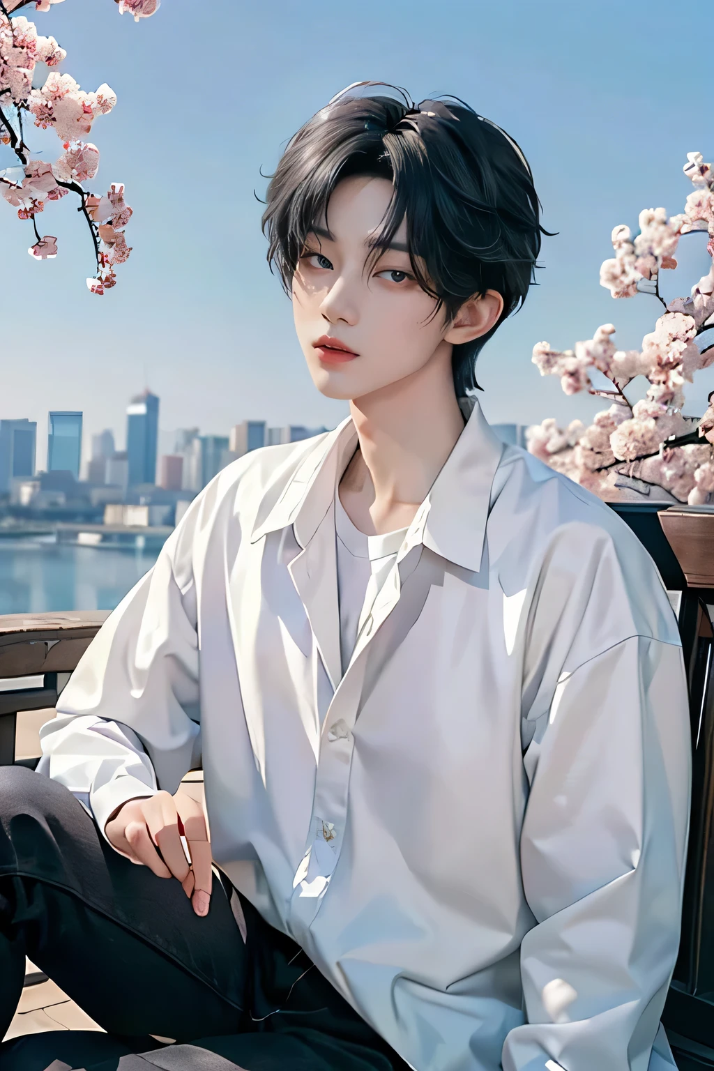 masterpiece、(top-quality)、((high-level image quality))、One Manly Boy、Slim body、((White Y-shirt and long black pants))、(Detailed beautiful eyes)、Stylish city background、sitting on a curb、Face similar to Chaewon in Ruseraphim、((short hair above the ears))、((Smaller face))、((Neutral face))、((Gray hair and red eyes))、((Korean boy))、((18year old))、((Handsome man))、((Wild look))、((Korean Makeup))、((elongated and sharp eyes))、((Sit in front of the viewer))、((Photograph him from afar))