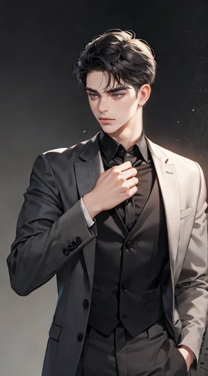 masterpiece, best quality, realistic, 1man, mature male, quiet and charming young man, 25 years old, close his eyes, serious look, extremely detailed face, ((dark grey eyes)), ((short-right-swept dark black hair)), [thick eyebrows], detective, plain background, ((suit)), cinematic lighting, looking at the audience, posture dynamics