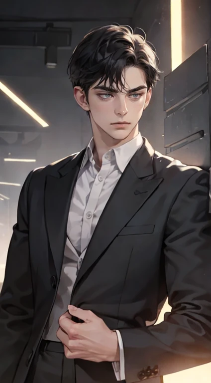 masterpiece, best quality, realistic, 1man, mature male, quiet and charming young man, 25 years old, close his eyes, serious look, extremely detailed face, ((dark grey eyes)), ((short-right-swept dark black hair)), [thick eyebrows], detective, plain background, ((suit)), cinematic lighting, looking at the audience, posture dynamics