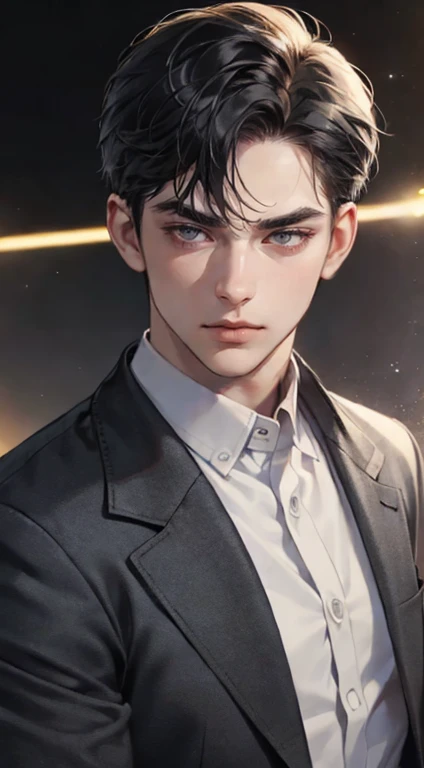 masterpiece, best quality, realistic, 1man, mature male, quiet and charming young man, 25 years old, close his eyes, serious look, extremely detailed face, ((dark grey eyes)), ((short-right-swept dark black hair)), [thick eyebrows], detective, plain background, ((suit)), cinematic lighting, looking at the audience, posture dynamics