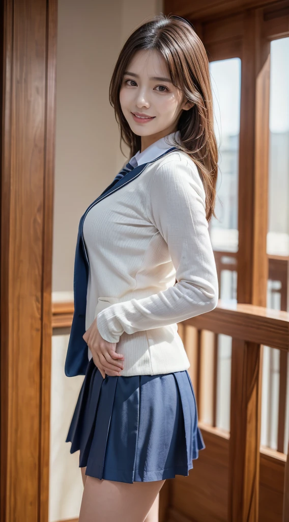 (8K, best quality, masterpiece:1.2), (realistic, photo-realistic:1.37), (high color saturation:1.0), (highly detailed skin), (highest quality:1.0), (ultra high resolution:1.0) ,(realistic:1.0), (Super detailed:1.0), (8K, Raw photo:1.1)、standing random pose, smiling, natural breast, perfect lighting, ((3girls students)), 18years old, (mysterious), clear and detailed, ((school_uniform, Japanese blazer uniform, flared skirt)), (indoor school climb the stairs), surprised face, (cute panties), looking at back viewer, nsfw, low angle photo,