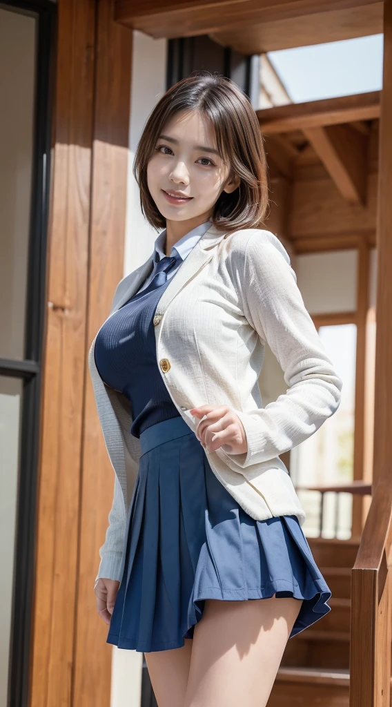  (8K, best quality, masterpiece:1.2), (realistic, photo-realistic:1.37), (high color saturation:1.0),  (highly detailed skin), (highest quality:1.0), (ultra high resolution:1.0) ,(realistic:1.0), (Super detailed:1.0), (8K, Raw photo:1.1)、standing random pose, smiling, natural breast, perfect lighting, ((3girls students)), 18years old, (mysterious), clear and detailed, ((school_uniform, Japanese blazer uniform, flared skirt)), (indoor school climb the stairs), surprised face, (cute panties), looking at back viewer, nsfw, low angle photo,