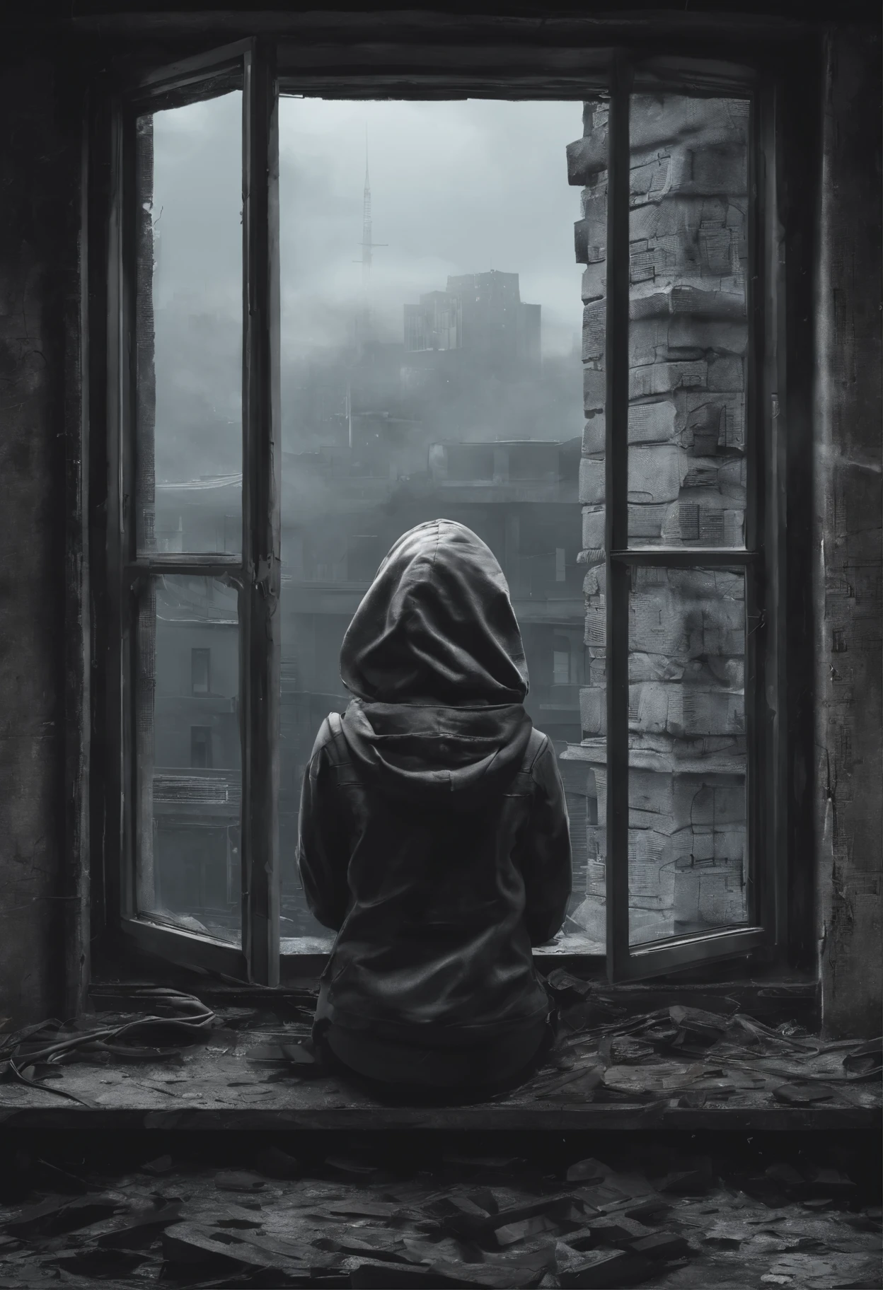 image of a sad beautiful girl dressed in coat and hood standing with arms crossed looking at a window inside a dark, dilapidated apartment room and a window showing dilapidated buildings outside, apocalipse, wasteland, She wears headphones over her ears and is facing the window