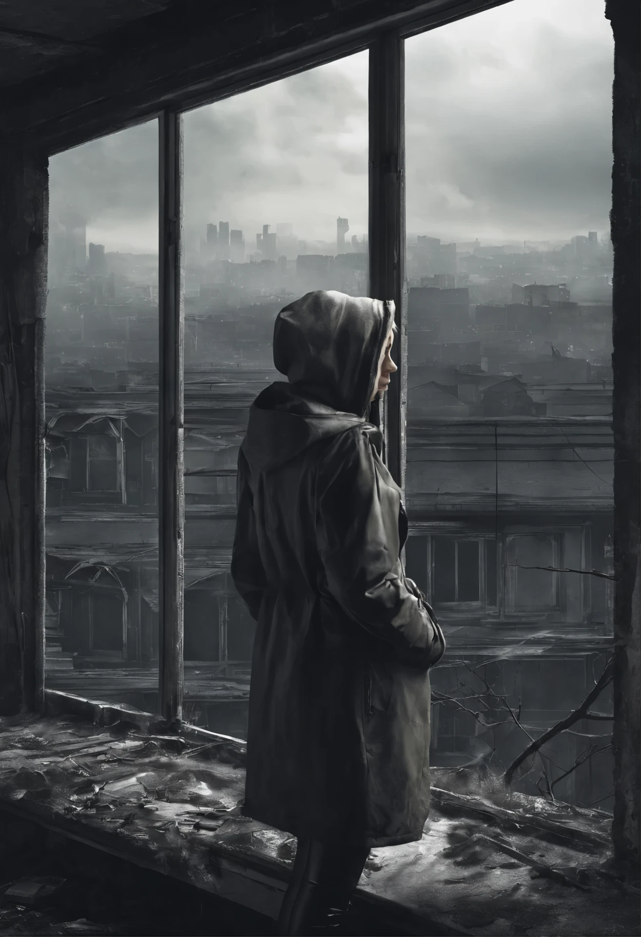 image of a sad beautiful girl dressed in coat and hood standing with arms crossed looking at a window inside a dark, dilapidated apartment room and a window showing dilapidated buildings outside, apocalipse, wasteland, She wears headphones over her ears and is facing the window