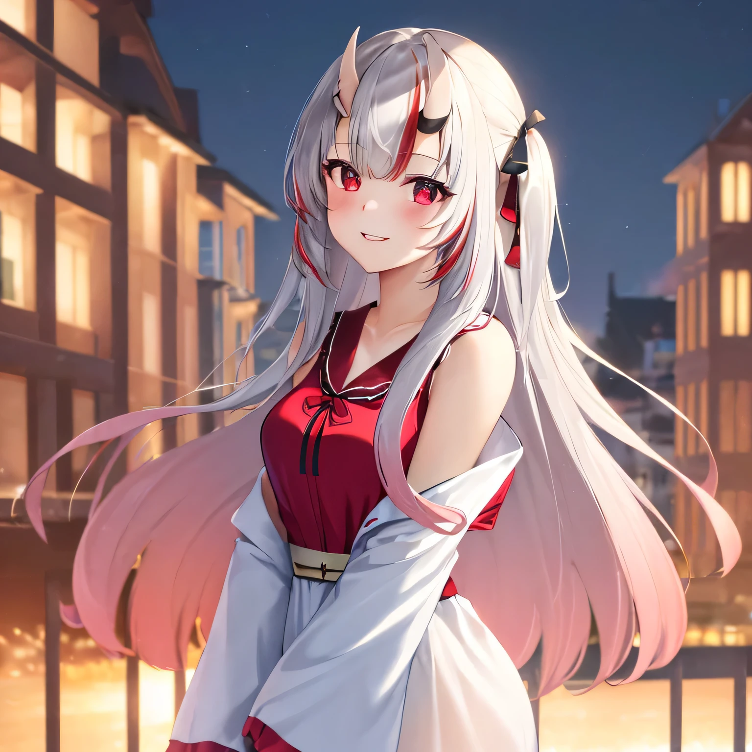 (masterpiece:1.3), (absurdres:1.3), (best quality:1.3), (ultra-detailed:1.3),(best shadow:0.7), (handled hair), perfect anatomy, 1girl, solo, medium breasts, virtual youtuber, nakiri ayame, silver hair, hair between eyes, red eyes, long hair, streaked hair, singing, looking at viewer, concert stadium, ((night gown clothes)), concert, outdoors, night, extremely detailed 8K, smooth, high resolution, ultra quality, cinematic lighting, ambient occlusion, hd, 4k, perfect composition, atmospheric lighting, gradient hair, gradient eyes, smiling, facing viewer, look at viewer, close-up,