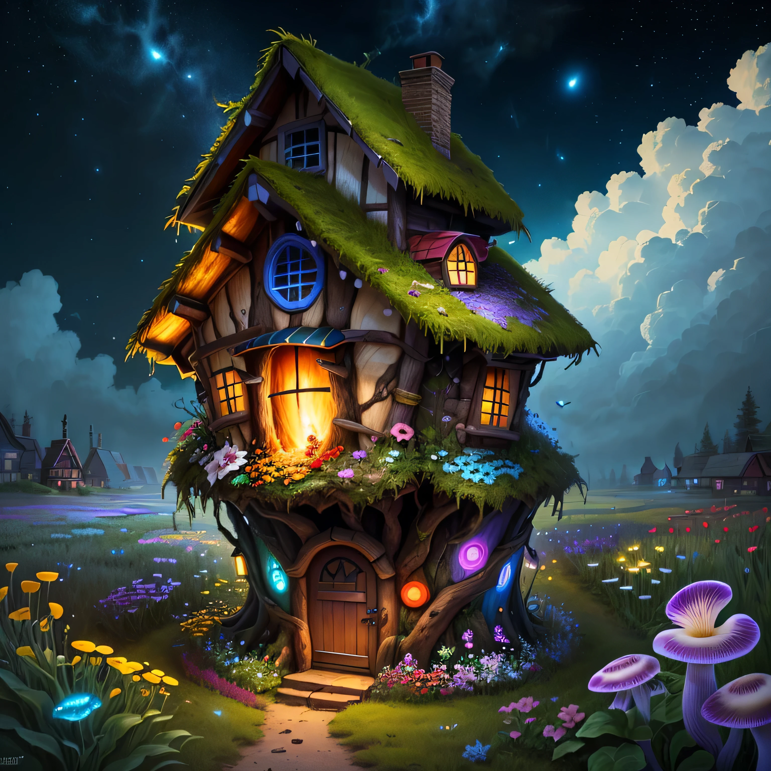 (Swirling clouds and colorful flowers), (Wild Firefly Fantasy Mushroom House), (Midnight), (Unusual), (Mysterious), (that'Ridiculous)、rain、rain、rain、 dream-like, Disney, paint:Thomas Kinkade, Art Station, Sharp focus, Inspiring 8k wallpapers,