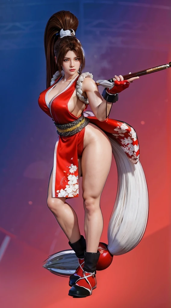 Mai shiranui, (melhor qualidade,ultra-detalhado),(realista:1.37), rosto lindo e detalhado, textura ultra-realista, rosto delicado, corpo delicado, batom vermelho, cores vivas. High definition, 8K. athletic body