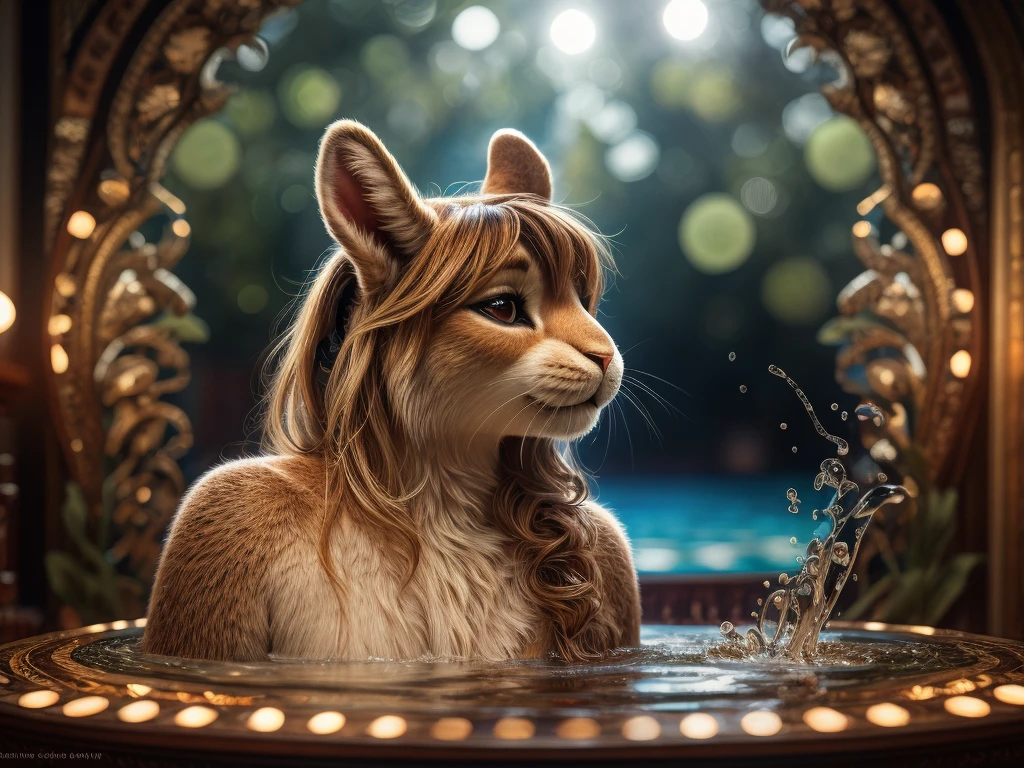 (Mucha style) , Bokeh , naked Photo session advertisement , Hallucination, daydream , realistic hairy fur , messy female rabbit , in the luxury hotel , artistic porn pose , erotica , show off Private parts , can not stand it any longer, Squirting pee , Water droplets splashing , round face , moist round eyes , Swollen cheeks , hair ties