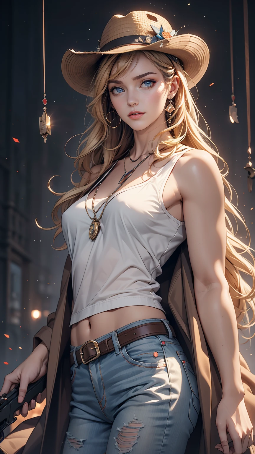 1 girl, masterpiece, macross delta splash art,  highest quality, White tank top, abdomen, short blue jeans, Small breasts, Cowboy hat, hip gun holster, Very sophisticated gun, Realistic guns, Colt Peacemaker in hand, Point the gun forward, Sheriff Badge, Bullets on the belt, Brown leather duster, Leather overcoat, Fine grain, Sparkling eyes, Beautiful Hands, Extremely elaborate hands, straight hands, Shiny skin, Shiny Hair, blue eyes, Light blonde hair, expensive, Long Hair, Straight hair, whole body, United States Flag