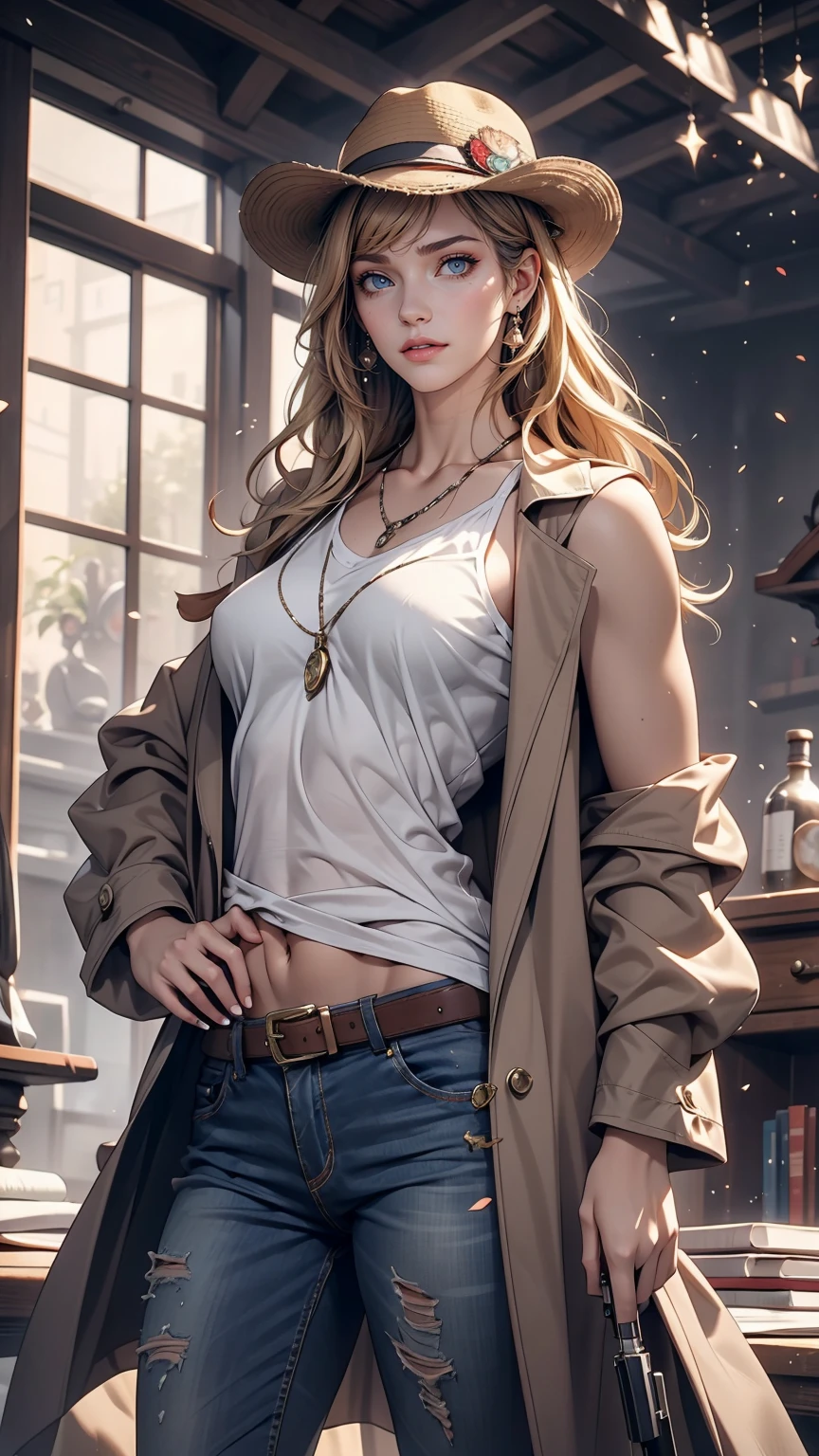 1 girl, masterpiece, macross delta splash art, highest quality, White tank top, abdomen, short blue jeans, Small breasts, Cowboy hat, hip gun holster, Very sophisticated gun, Realistic guns, Colt Peacemaker in hand, Point the gun forward, Sheriff Badge, Bullets on the belt, Brown leather duster, Leather overcoat, Fine grain, Sparkling eyes, Beautiful Hands, Extremely elaborate hands, straight hands, Shiny skin, Shiny Hair, blue eyes, Light blonde hair, expensive, Long Hair, Straight hair, whole body, United States Flag