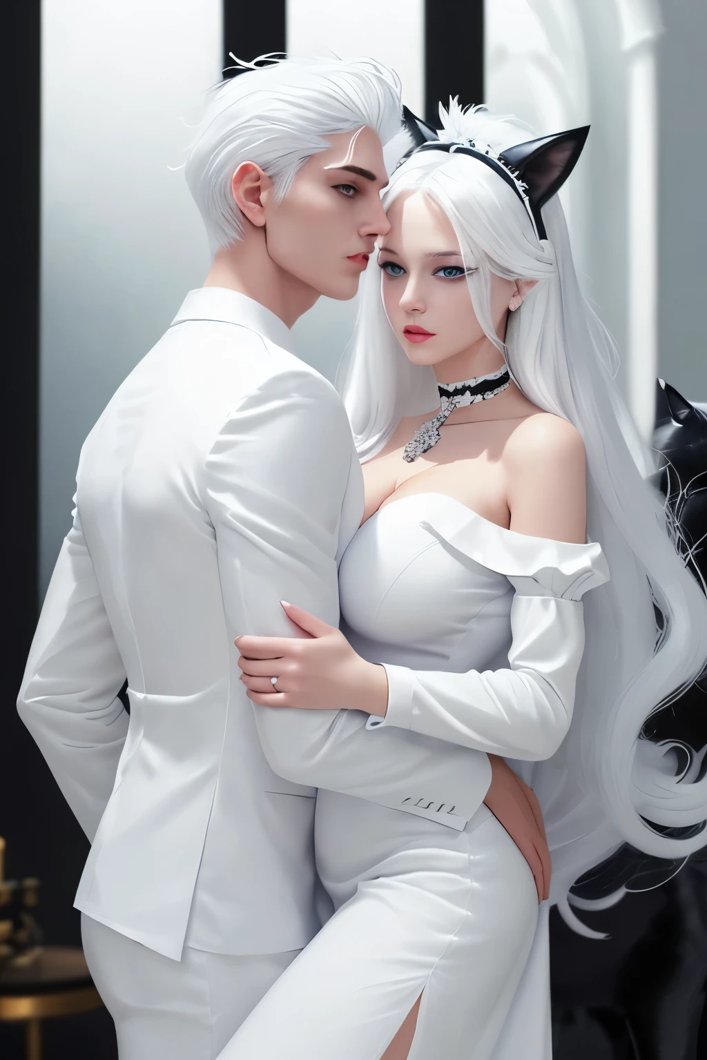  Goddess, God, Accessories, Black Cat Ears white dress White dress sleeves between the elbows Good looking Masterpiece big breasts Beautiful face open bust dress chest jewelry beautiful white hair black eyes black waist dress and his boyfriend, wearing a white shirt, white pants, a cool suit, good looking, handsome, white hair, white cat ears, blue eyes, standing and hugging a woman. Recently Masterpiece