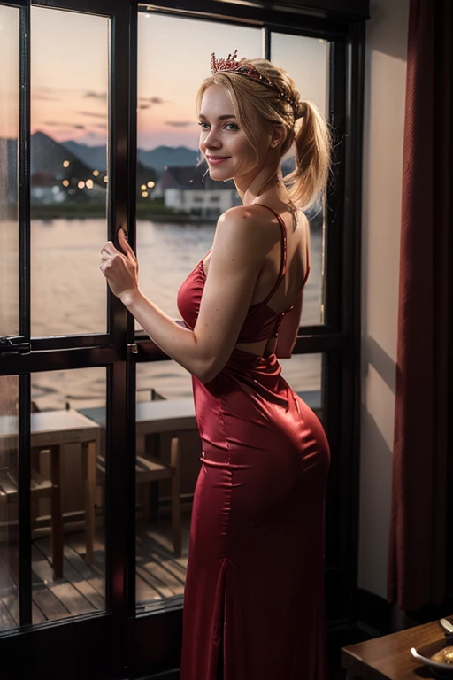 (best quality:1.5), (hyperrealistic:1.5), 8k, uhd, hires, alluring, 1woman, solo, 34_year_old_norwegian_woman, (tall_slender_body), (red_sexy_sandals), (all_red_long_dress), elegance, wearing_pink_flower_crown, pigtailed_braided_short_blonde_haired, hazel_eyed, pale_skin, standing_inside_fancy_dinner, dark_night_scenery_outside_window, front_view, side_view, back_view, smiling