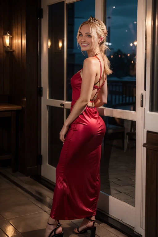 (best quality:1.5), (hyperrealistic:1.5), 8k, uhd, hires, alluring, 1woman, solo, 34_year_old_norwegian_woman, (tall_slender_body), (red_sexy_sandals), (all_red_long_dress), elegance, wearing_pink_flower_crown, pigtailed_braided_short_blonde_haired, hazel_eyed, pale_skin, standing_inside_fancy_dinner, dark_night_scenery_outside_window, front_view, side_view, back_view, smiling