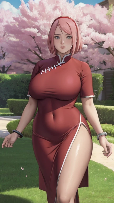 Chubby , thick, Curve, Realistic, Photorealistic,cowboy shot,masterpiece, absurdres, (colorful), 1girl, haruno sakura, forehead mark, red hairband, detailed red chinesse mini dress, navel, groin, bracelet, looking at viewer, flushed face, smile, cherry blossoms, private garden, wind, floating hair, large breast, (((wide hips))), toned body, detailed eyes, dynamic pose, full body