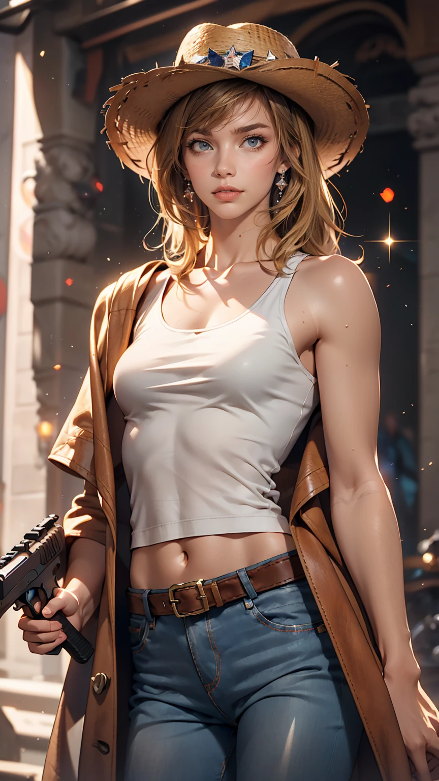1 girl, masterpiece, macross delta splash art, highest quality, White tank top, abdomen, short blue jeans, Small breasts, Cowboy hat, hip gun holster, Very sophisticated gun, Realistic guns, Colt Peacemaker in hand, Point the gun forward, Sheriff Badge, Bullets on the belt, Brown leather duster, Leather overcoat, Fine grain, Sparkling eyes, Beautiful Hands, Extremely elaborate hands, straight hands, Shiny skin, Shiny Hair, blue eyes, Light blonde hair, expensive, Long Hair, Straight hair, whole body, United States Flag