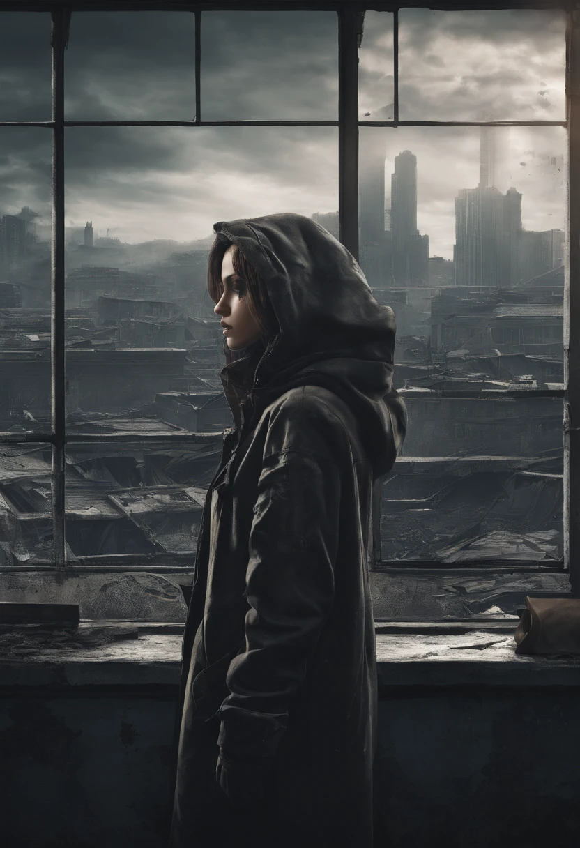 image of a sad beautiful girl dressed in coat and hood standing with arms crossed looking at a window inside a dark, dilapidated apartment room and a window showing dilapidated buildings outside, apocalipse, wasteland, She wears headphones over her ears and is facing the window, make the girl&#39;s face colorful