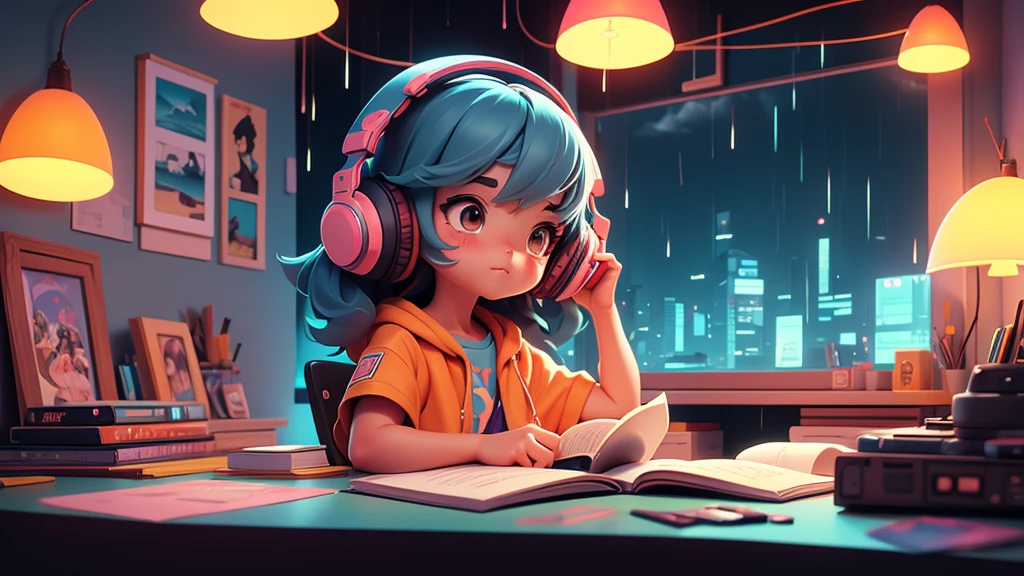 Ultra wide angle (Stay night), Girl studying in her room, Reading a book, Wear headphones, , night lights, Neon landscape on a rainy day, Analog Color Theme, Lo-Fi Hip Hop , Retrospective, Flat, 2.5D ,Draw a line, Ink drawing, Large gradient, Watercolor painting, Studio Ghibli style, Awesome colorful, Outer Ton, Synth Wave, lo-fi art,90s style, Old textures, amplitude,90s atmosphere, master piece, Incredible technology, 16:9 scale