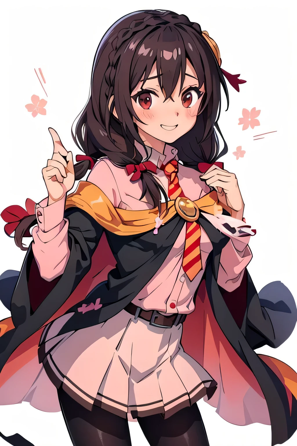 (masterpiece, highest quality), One girl,    Whirling,Long Hair,Braiding,Twin tails,Hair between the eyes,Hair Ribbon,hair ornaments,Big Breasts,(Cape:1.2),tie,shirt,pink shirt,Long sleeve,belt,Pink Skirt,pantyhose,loafers,Brown footwear、Blushing and smiling、Background is cherry blossoms,One hand is held out with the palm facing up