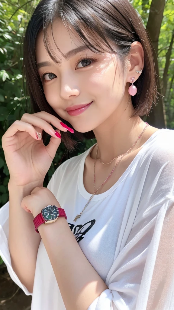 (8k, Photorealistic, Raw photo, Highest quality: 1.4),Japanese idol style１Beautiful girl of the person,18-year-old,Very short hairstyle,Silver Hair,Hang your hair over your ears,Wearing small earrings in the ears,Big, clear grey eyes,Long eyelashes,Tear bags,There is a blackhead under the left eye,Plump Cheeks,Wearing pink lipstick,Apply gloss over your lipstick for glossy, plump lips,A short pendant is hanging around her neck.,She wears a large black watch on her left wrist.,Both hands have pink nail polish on their nails,Both toenails have red nail polish,Smiling,Wearing an oversized white T-shirt,She is surrounded by the gentle sunlight filtering through the trees.,Body top portrait