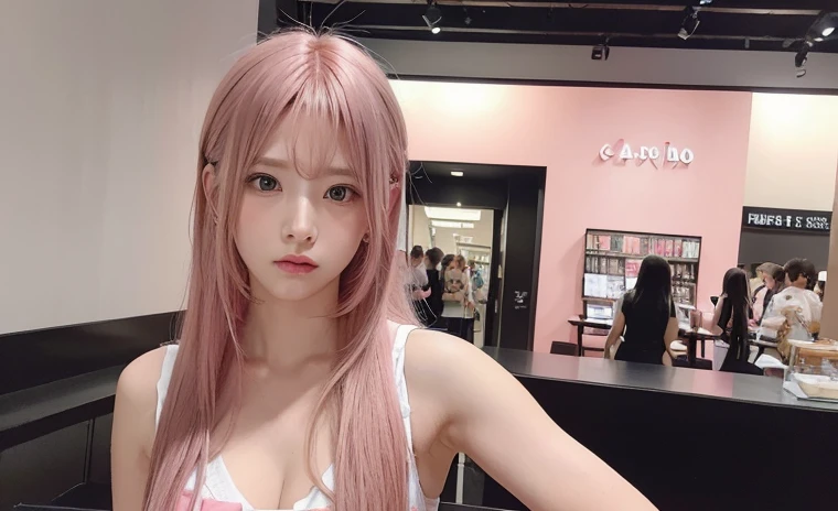 hair color: pink　model　woman　Long Hair　Sleeveless　pink clothes　diagonal　Selfie　diagonal上　Selfie　summer　highest quality, masterpiece))), High resolution, Very detailed, masterpiece, Cinema Lighting, (8k, highest quality, masterpiece: 1.2), (Realistic, photoRealistic: 1.37) High Resolution, Super detailed, 1 girl、32 years old、Street Snap、Big black eyes