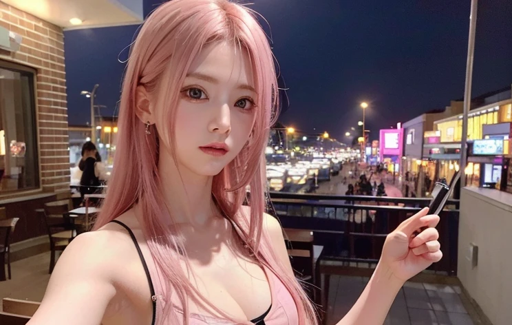 hair color: pink　model　woman　Long Hair　Sleeveless　pink clothes　diagonal　Selfie　diagonal上　Selfie　summer　highest quality, masterpiece))), High resolution, Very detailed, masterpiece, Cinema Lighting, (8k, highest quality, masterpiece: 1.2), (Realistic, photoRealistic: 1.37) High Resolution, Super detailed, 1 girl、32 years old、Cafe Terrace、Big black eyes