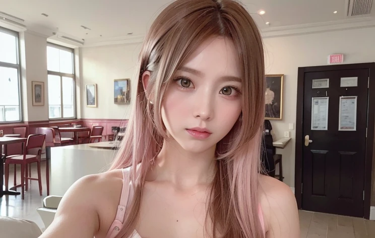 hair color: pink　model　woman　Long Hair　Sleeveless　pink clothes　diagonal　Selfie　diagonal上　Selfie　summer　highest quality, masterpiece))), High resolution, Very detailed, masterpiece, Cinema Lighting, (8k, highest quality, masterpiece: 1.2), (Realistic, photoRealistic: 1.37) High Resolution, Super detailed, 1 girl、32 years old、Cafe Terrace、Big black eyes